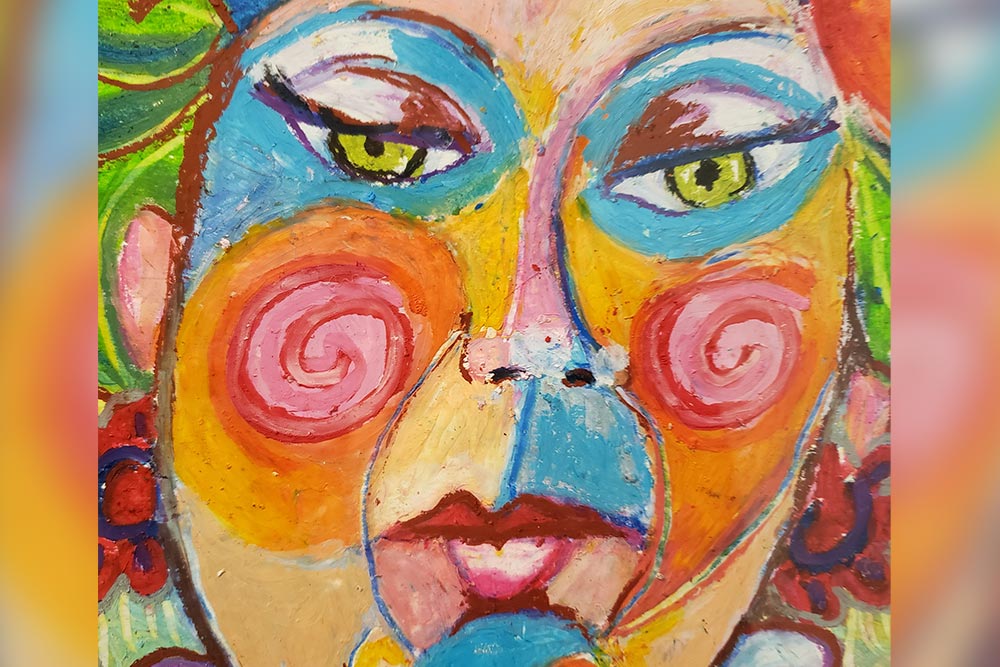 "Elma," a brightly-colored oil painting by Morgan Brooke showing a pensive human face.