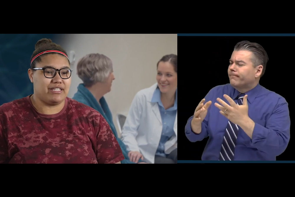 In this split screen from ICI's new video series, a woman with a disability (wearing glasses) explains her difficulties communicating with medical professionals. On the right, a sign language interpreter conveys her message. In the background, a doctor speaks easily with a patient without a disability.