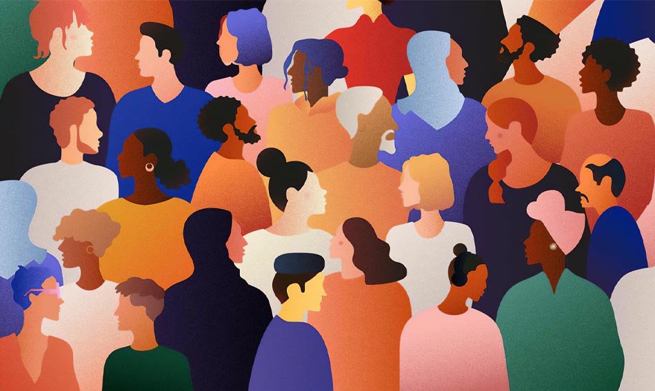 A graphic image shows several people of different genders and races looking in different directions.