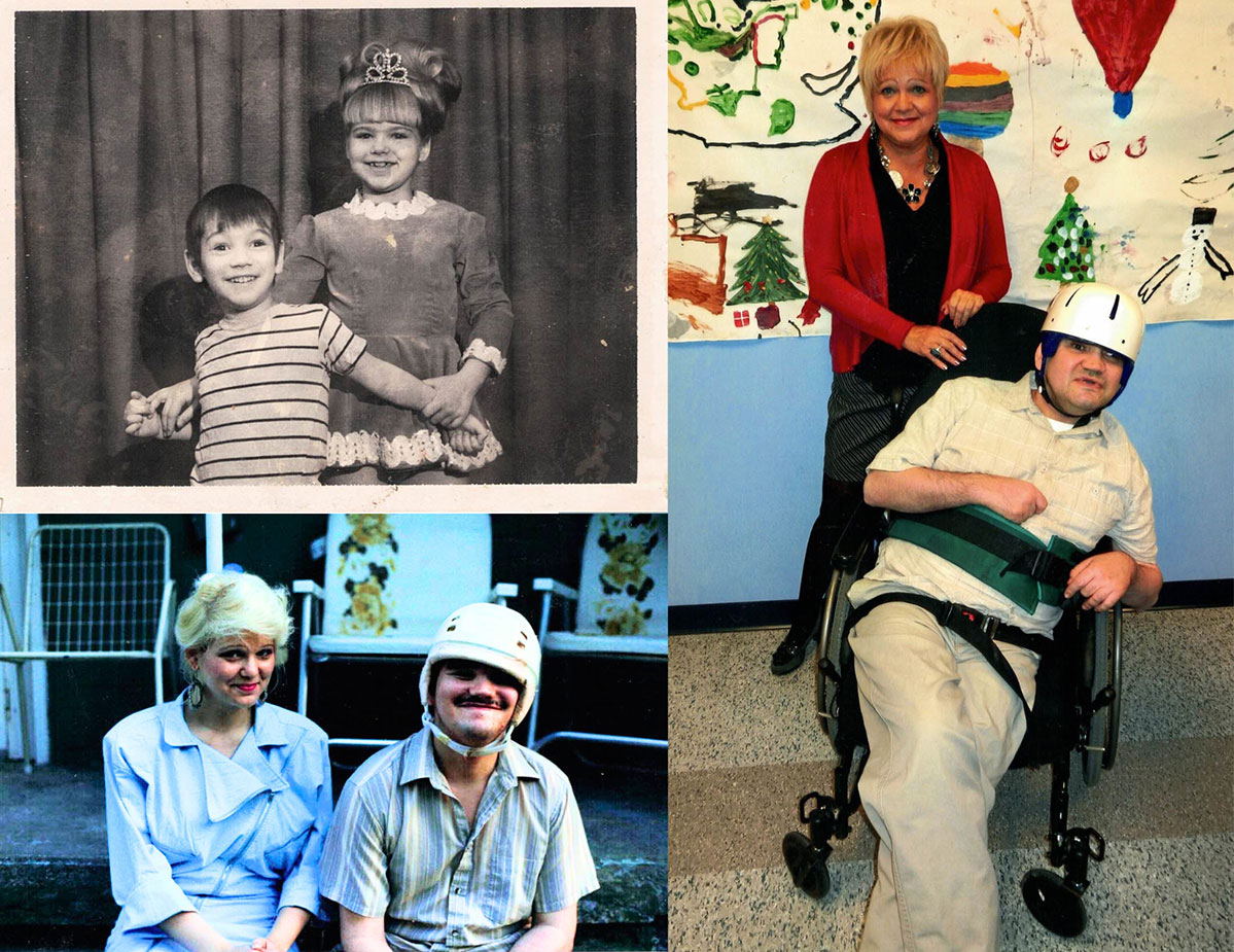 There are three photos in this image. The image in the upper left is of Debra and Michael when they were kids, he is about 6 and she is about 9 years old. She is wearing a short dress with ruffles along the collar and the hem. She is wearing a crown, and her hair is done up. He is wearing a striped sleeve shirt and has short dark hair. She is standing behind him to the side and holding his arms. They are both smiling and looking happy. The photo on the bottom left is of Debra and Michael sitting outside and smiling at the camera. She is on the left, wearing a slight blue dress, she has blonde hair. He is wearing a blue and green striped button down short sleave shirt. He is wearing a helmet and has a thick dark mustache. The photo on the right is taken inside in front of a huge Christmas mural. Debra is standing behind Michael wearing a black dress and red sweater. Michael is wearing a tan button-down shirt with tan pants. He his wearing a helmet. He is a wheelchair user.