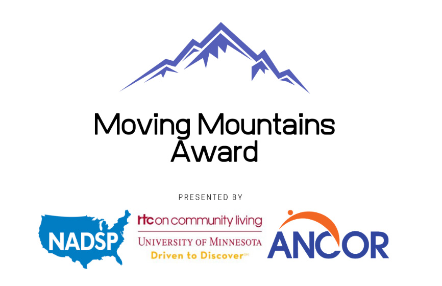 The Moving Mountains Award logo, which also shows the logos of NADSP, ANCOR, and the RTC on Community Living.