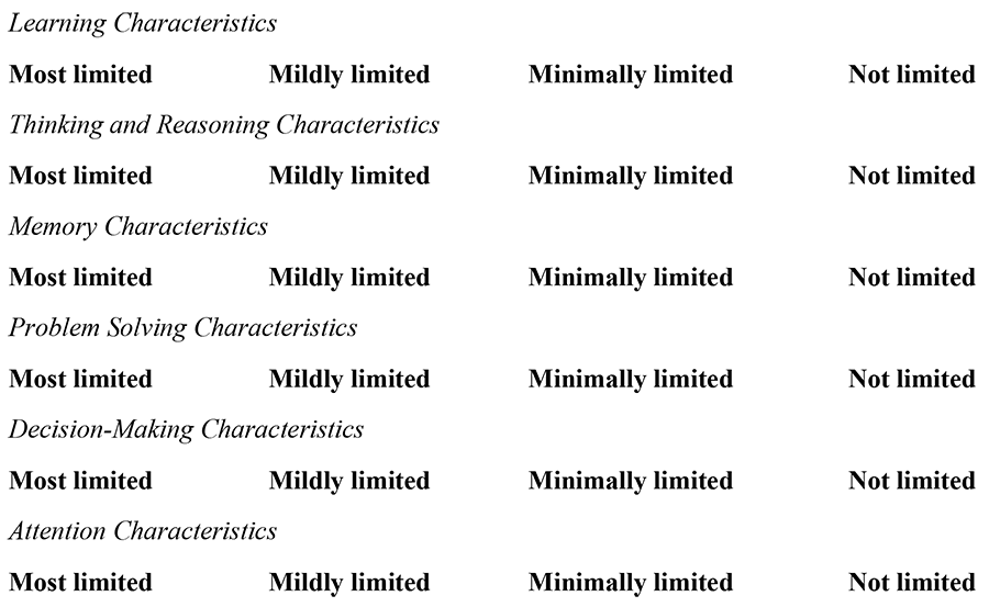 A rubric framework with six categories of cognitive characteristics: Learning, Thinking and Reasoning, Memory, Problem Solving, Decision-Making, and Attention. Each category is evaluated on a four-point scale of limitation: "Most limited," "Mildly limited," "Minimally limited," and "Not limited."