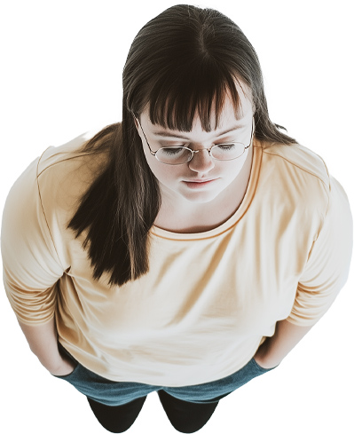 Dos personas aparecen solas en fotos separadas tomadas desde arriba. Uno tiene la piel de tono medio y el cabello castaño, y lleva una chaqueta naranja y gafas. La otra es una mujer joven de piel clara y cabello largo y oscuro con flequillo, que lleva una camiseta larga de color melocotón claro.