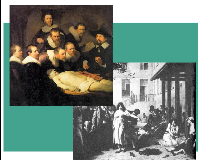 Left: A Renaissance-era painting of several doctors clustered around a patient. The doctors are men wearing black shirts with white collars, and one of them is poking the patient with a scalpel. The patient is laying on a table with no shirt, and the muscles on one of his arms are exposed. Right: A black-and-white image of several people sitting and standing on the street outside of an asylum building. The most prominent figure is a woman in a white dress standing at the center of the image, being examined by a man standing behind her.