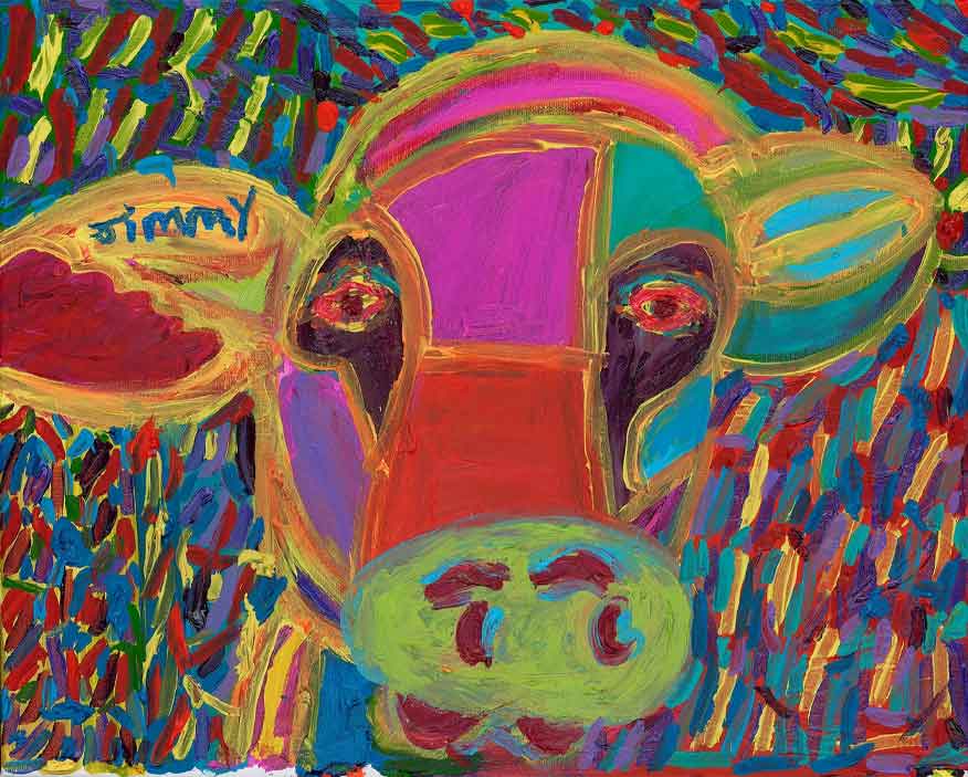 A brightly colored painting of the head of a cow, with the word Jimmy painted in one of the cow’s ears.