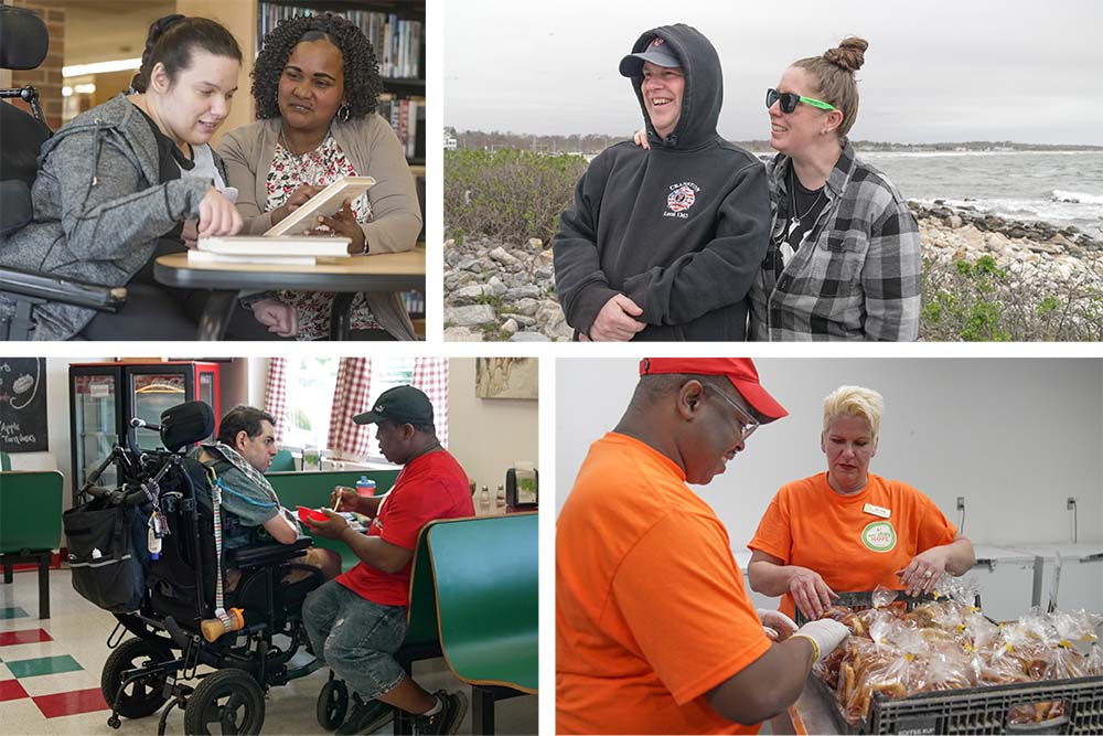 Part of the cover of the Rhode Island Statewide Workforce Initiative report, showing photos of direct support professionals and the people they support.