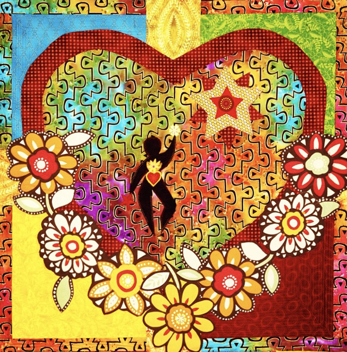 Una obra de arte representa un viaje personal con un gran contorno en forma de corazón, flores y el contorno de una persona en el centro.