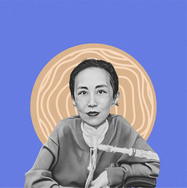 The late disability activist Alice Wong, a woman with short dark hair and a trach at her neck.
