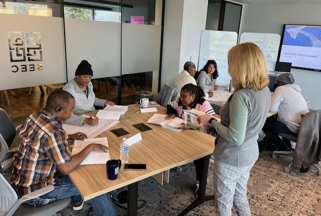 A training session at SEEC (Seeking Employment Equality and Community), a service provider in Maryland. SEEC uses the College of Direct Support curriculum to train its direct support professionals.