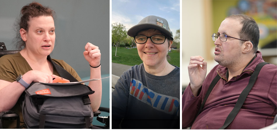 Tres personas aparecen en fotos separadas una al lado de la otra. Un hombre con gafas mira fijamente hacia su izquierda. Una mujer con gorra de béisbol y gafas sonríe mirando al frente. Una mujer con una camiseta marrón gesticula mientras habla, sosteniendo un maletín y un papel.