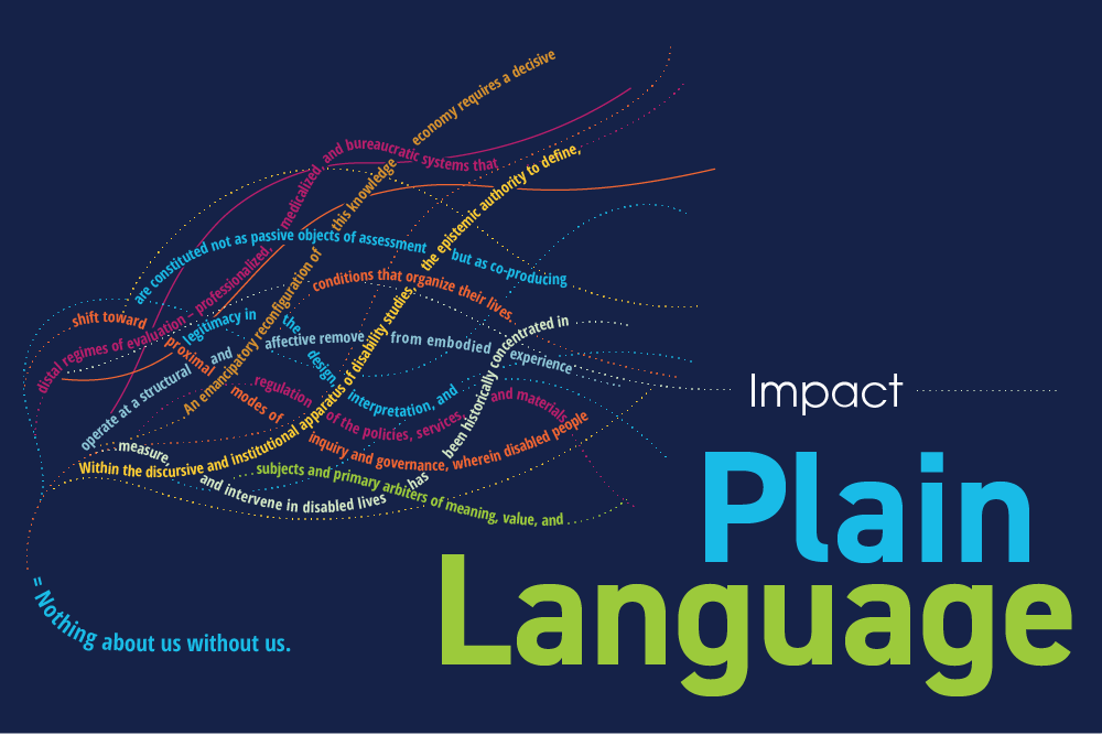 A tangle of complex terms from the disability research world weaves around until reducing to a single line reading “Nothing About Us Without Us.” Next to that, in larger text, the words "Plain Language" appears on the cover of this issue of Impact magazine.