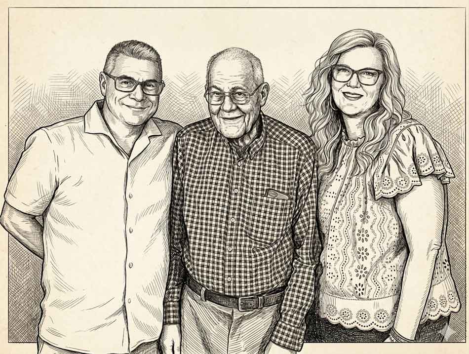 This is a pencil style of two men and a woman who are standing and looking at the camera. A man is on the left. He is smiling, He has short hair and glasses. He is wearing a short sleeve button down shirt and long pants. The other name is in the middle. He has short hair, glasses, and is wearing a checked button down, long sleeve shirt with long pants and bent. He has cell phone in his shirt pocket. The woman is on the right. She has long hair, glasses and is wearing a short-sleeved blouse with long pants.