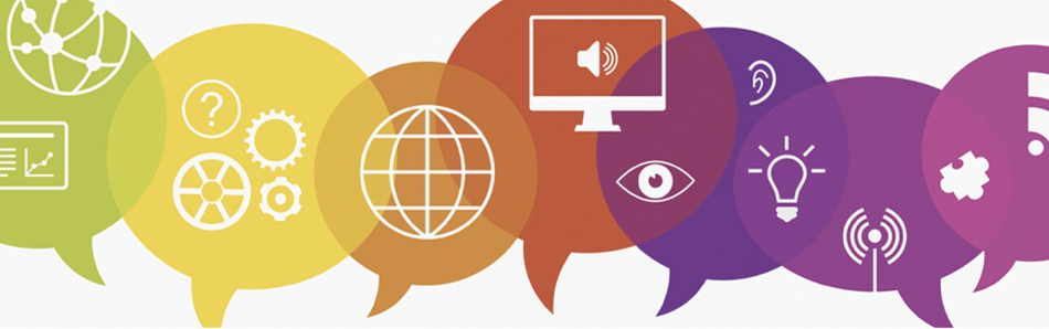 A multi-colored graphic depicts icons including a globe, computer display screen, a light bulb, gears, and radar.