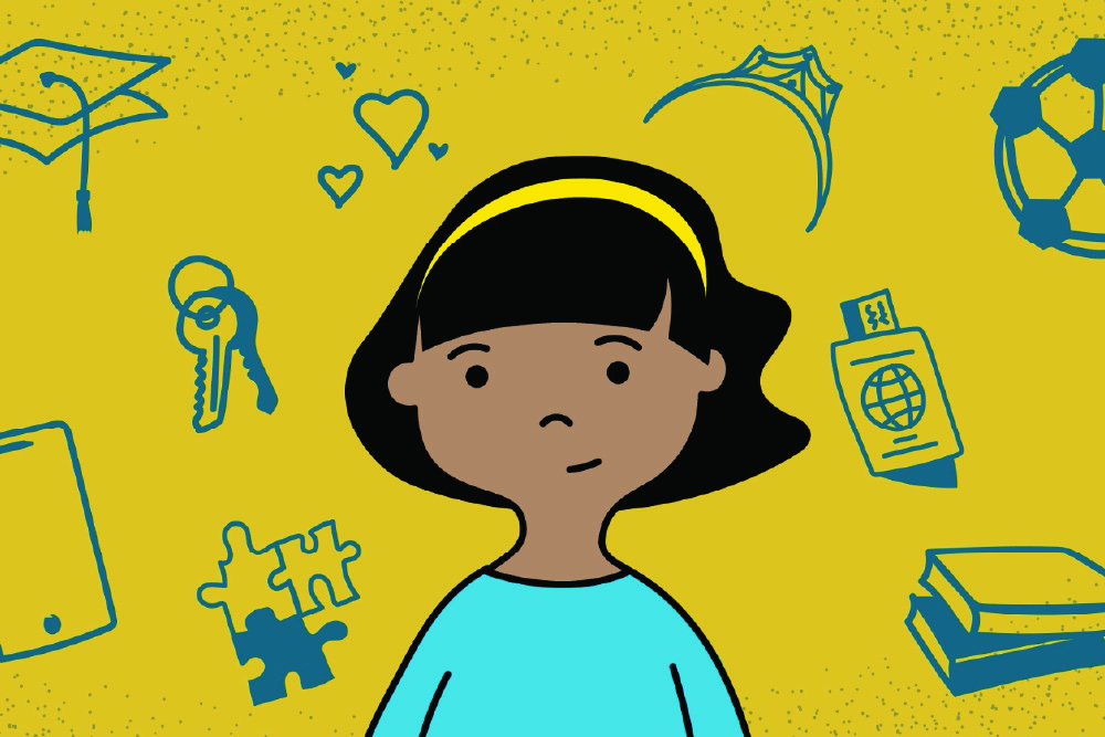A drawing of a young girl, surrounded by symbols of her life's possibilities. The symbols include schoolbooks, a smartphone, car keys, hearts, a passport, and so on.